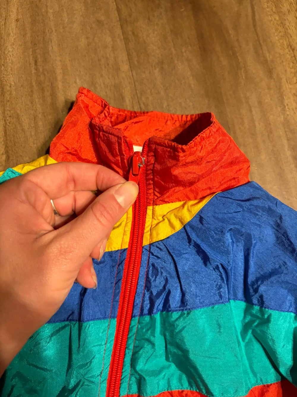 Kids Vintage Red Colorblock Puffer Jacket with Blue, Teal & Yellow Accents